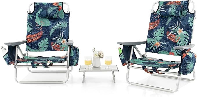 GOPLUS Juego de 2 Sillas Playa y Mesa Plegable, Silla Plegable Reclinable con 5 Posiciones Ajustables, 3 Bolsas de Almacenaje y Almohada, Silla Portátil para Jardín Piscina Camping (Hoja Verde)
