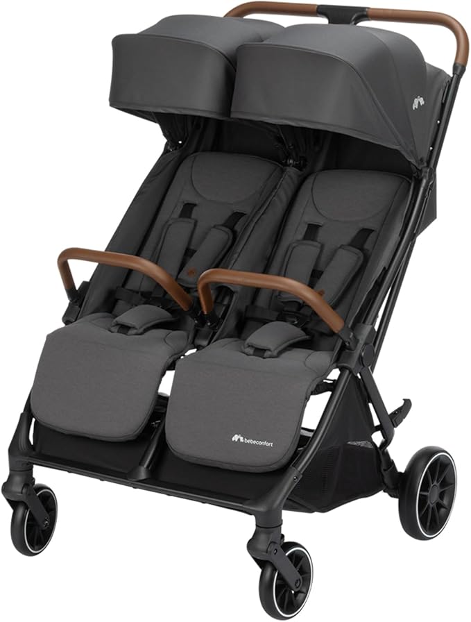 Bebeconfort Mane, Carrito Gemelar, 0-22 kg, Plegado Automático, Reclinación Total, Barras De Seguridad Giratorias, Arnés 5 Puntos, Ventana De Malla, Burbuja Impermeable, Cesta (8 kg), Mineral Graphite