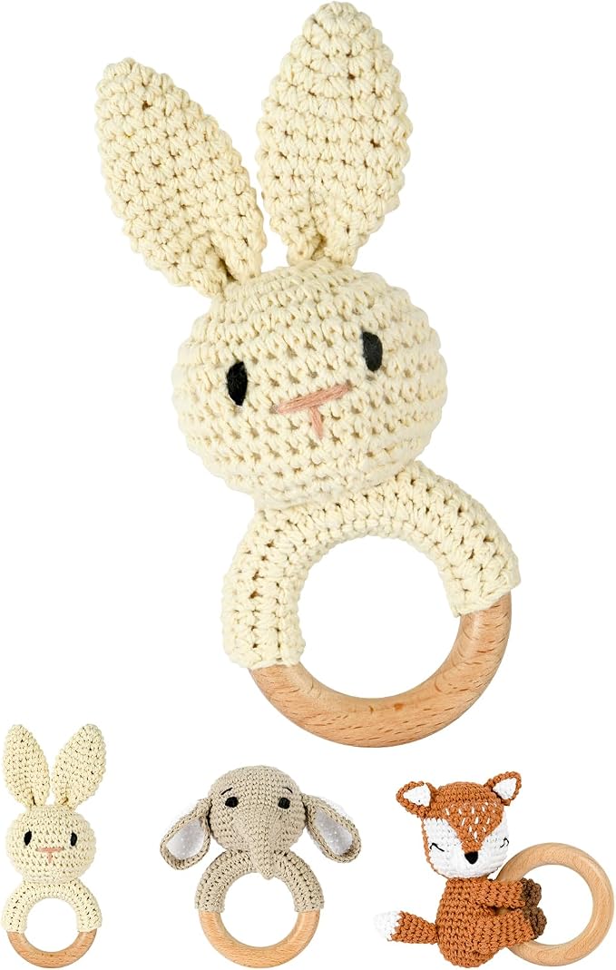 OFFCUP Sonajero para Bebés, Juguete Ganchillo Sonajero de Madera para Bebé Hecho a Mano, Juguetes de Animales Suaves para Bebé para Recién Nacidos Niños y Niñas (Conejo)