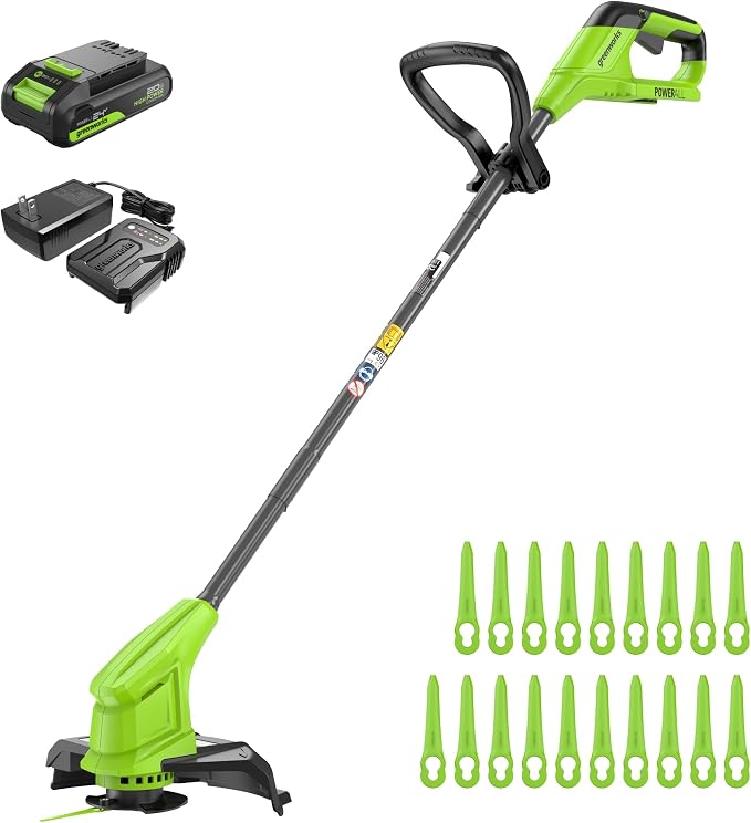 Greenworks 24V desbrozadora bateria para Jardines pequeños y medianos, 25 cm de Ancho de Corte, Incluye 20 Cuchillas de plástico para Clientes con batería de 2.0 Ah y Cargador
