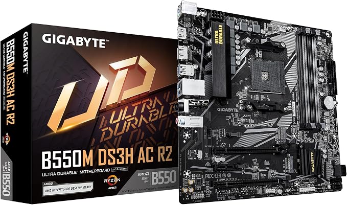 GIGABYTE B550M DS3H AC R2 Placa Base - Procesadores AMD Ryzen 5000, VRM de 5+3 Fases, hasta 4733 MHz DDR4 (O.C.), 1x M.2 PCIe 4.0 + 1x M.2 PCIe 3.0, Wi-Fi 5, LAN 1 GbE, USB 3.2 Gen 1