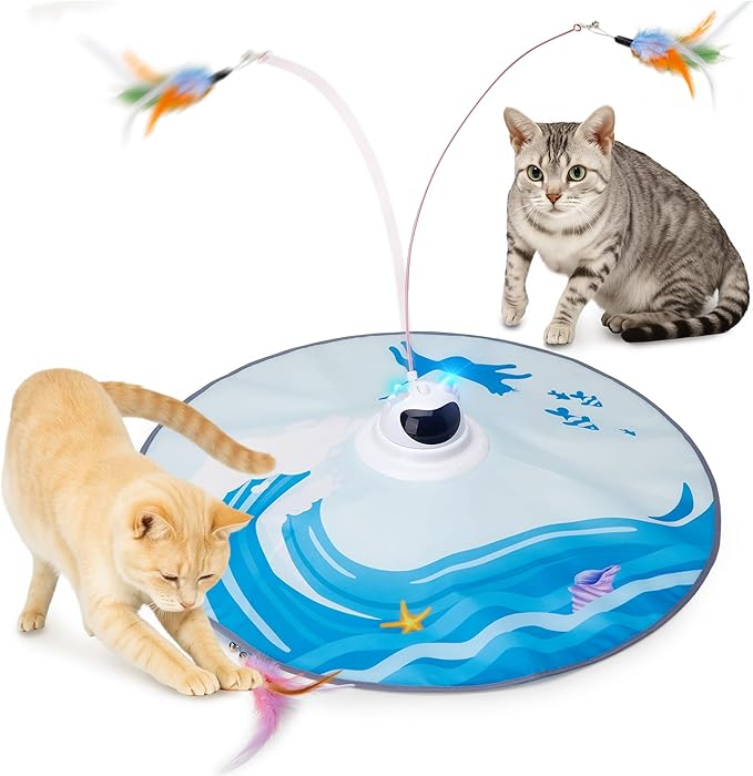 Toozey Juguete para Gatos, Juego Eléctrico de Escondite con 3 Plumas Intercambiables, Recargable, Juguete Inteligente de Autoentretenimiento con Control Remoto, Azul
