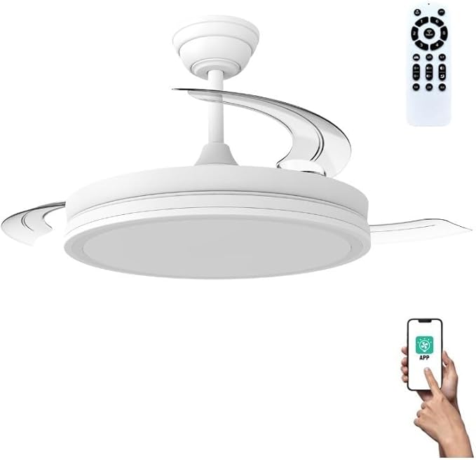 wonderlamp Ventilador LED aspas plegables Miso Evo Blanco 72W con Memoria de encendido, APP, Mando a distancia CCT 3000-4000-6000K, Intensidad Regulable, Silencioso