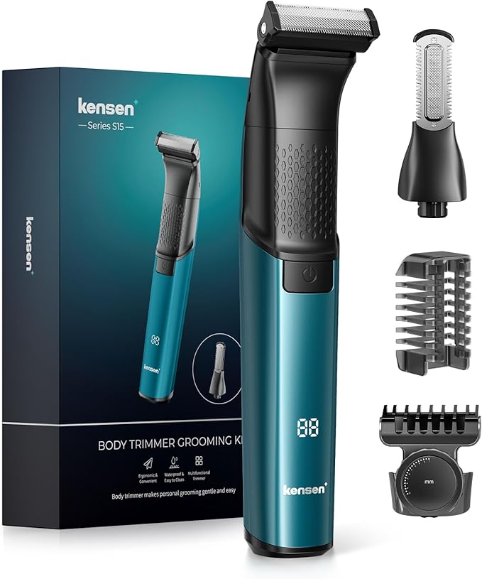 Afeitadora Corporal Masculina 2 en 1, Kensen IPX6 Impermeable Depiladora Corporal Hombre para Barba, Axilas, Pecho, Piernas y Genitales con Pantalla LED, Peine Límite Ajustable (1-10 mm), Verde