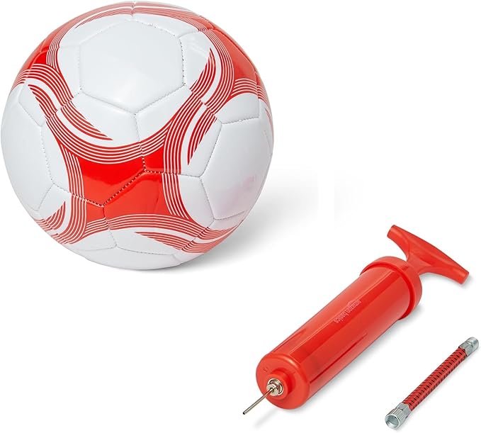 Amazon Basics Balón de Fútbol con Bomba - Balón de Entrenamiento, Construcción Duradera de PVC, Cámara de Butilo, Uso Interior y Exterior, Balón de Práctica Cosido a Máquina, Blanco y Rojo