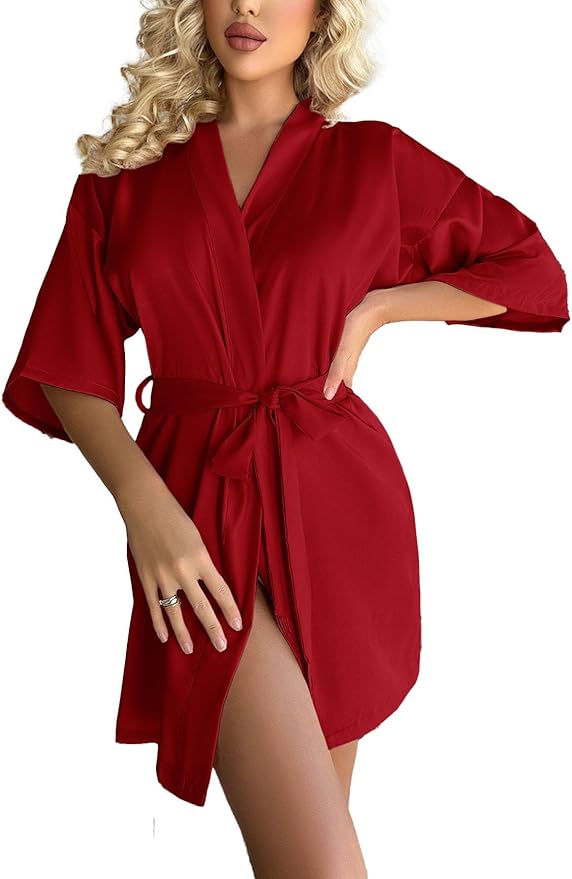 Bata de Satén para Mujer, Batas de Seda Suave con Cuello en V, Ropa de Dormir Ligera para Novia Bata de Fiesta de Boda