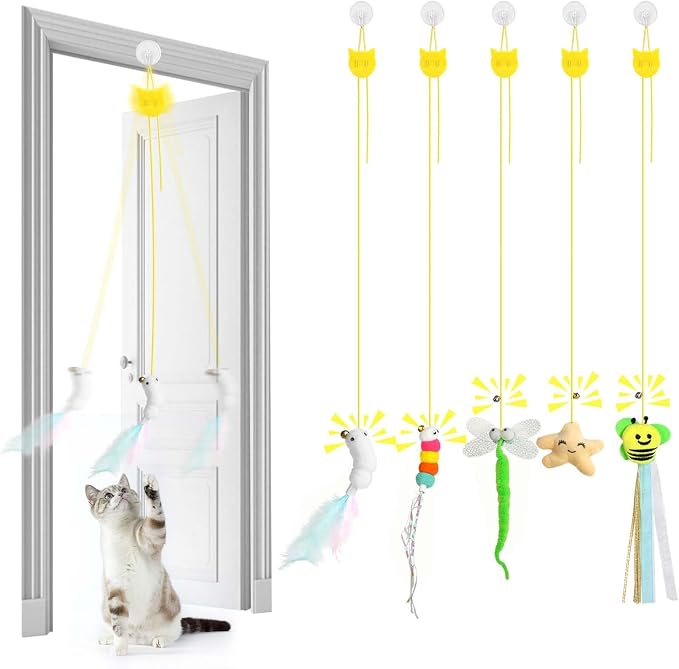 Juguete Interactivo para Gatos Colgantes 5 Piezas Juguete De Gato Interactivo Puerta Colgante con Pluma Cascabeles Juguete para Gatitos Marco De Puerta Colgante para Aliviar Aburrimiento Juega