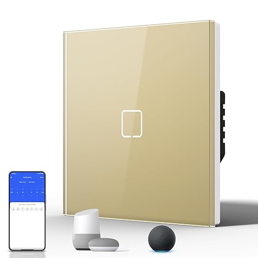 BSEED Interruptor Táctil de Pared Inteligente,Panel de Cristal,Pulsador con Pilotitos LED,Fáciles de Limpiar,E-Series,1 Gang 1 Vía,86mm Oro