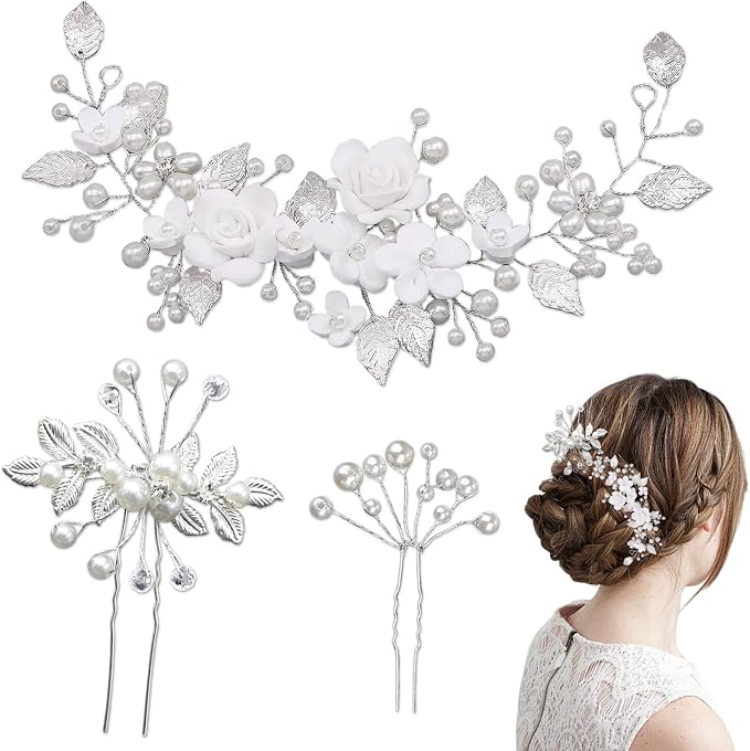 Tocados de Pelo Boda Mujer Elegante Perlas Florales 3 Piezas Ajustables Accesorios para Peinados Fiesta Novia Plateado