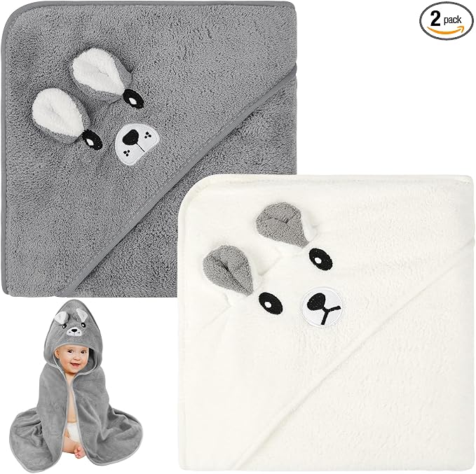 Aolso Toalla de Bebé con Capucha, 2 Toallas de Baño para Bebé con Capucha, 80 x 80 cm, Toallas Suaves y Absorbentes con Capucha para Niños Recién Nacidos y Bebés (Blanco/Gris)