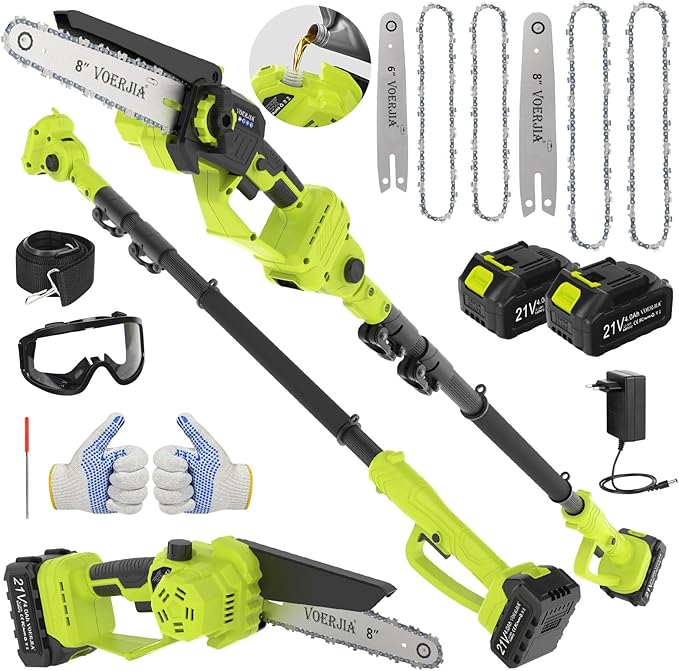 2 en 1 podadora de cadena mini cortasetos, 6"&8", mango telescópico de 2,05 m podadora de batería, batería de 2x4,0Ah, alimentación automática de aceite, ajuste sin herramientas, podadora para