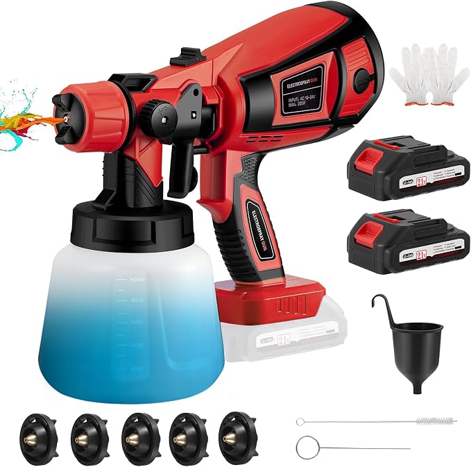 Pistola Pintura Bateria, HVLP Pulverizador Eléctrico con Contenedor de 1000ml, Flujo y Ángulo de Rociado Ajustables (con Batería)