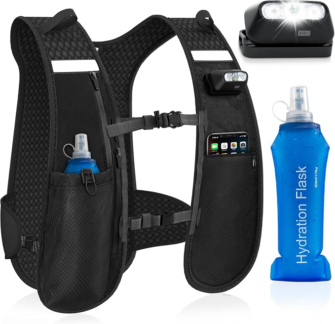 Nextyu Chaleco Hidratacion Trail Running Hombre Mujer, Mochila Correr Ligero Reflectante con Bolsa 500ml, Correas Pecho Ajustables & Luz LED para Maratón Jogging Senderismo Ciclismo