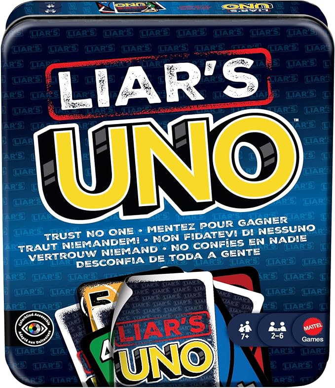 Mattel Games UNO Liars Caja de lata, 7+, 2-6 jugadores