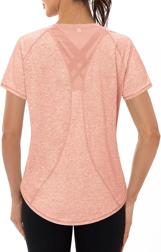 Gyabnw Camiseta Deportiva Mujer Manga Corta con Malla Secado Rápido