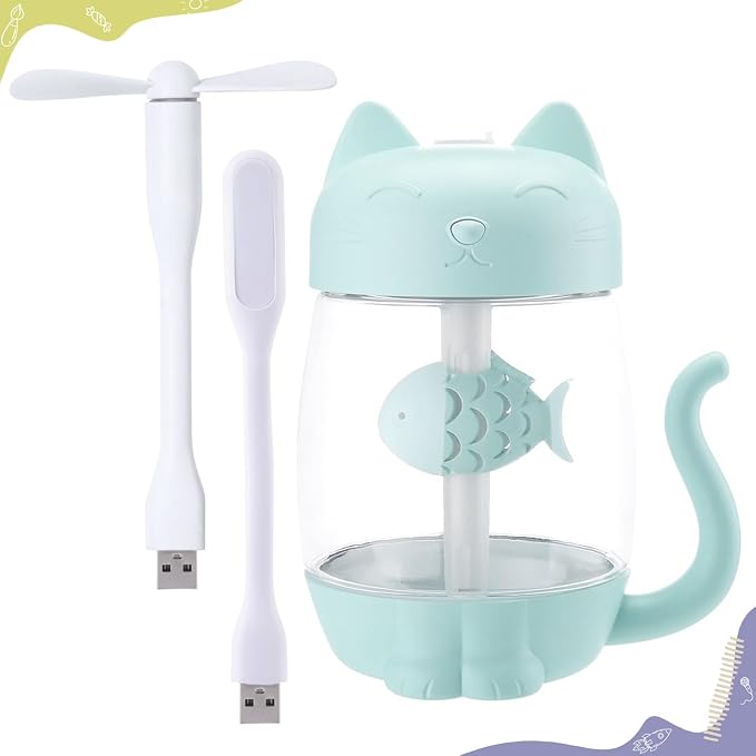 Mini Humidificador Infantil de Gatito (350ml) con Luz LED USB y Mini Ventilador | Niebla Fría Silenciosa para Niños y bebes | Ideal para Dormitorio | Regalo | Seguro | Para Verano e Invierno (CELESTE)