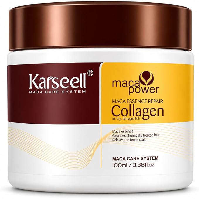 Karseell MACA CARE SYSTEM Mascarilla Capilar Profesional Colágeno Maca Aceite Argán Coco Aguacate Karité Keratina Reparadora Nutritiva Hidratante Antifrizz Tratamiento Pelo Seco Dañado Viaje 100ml