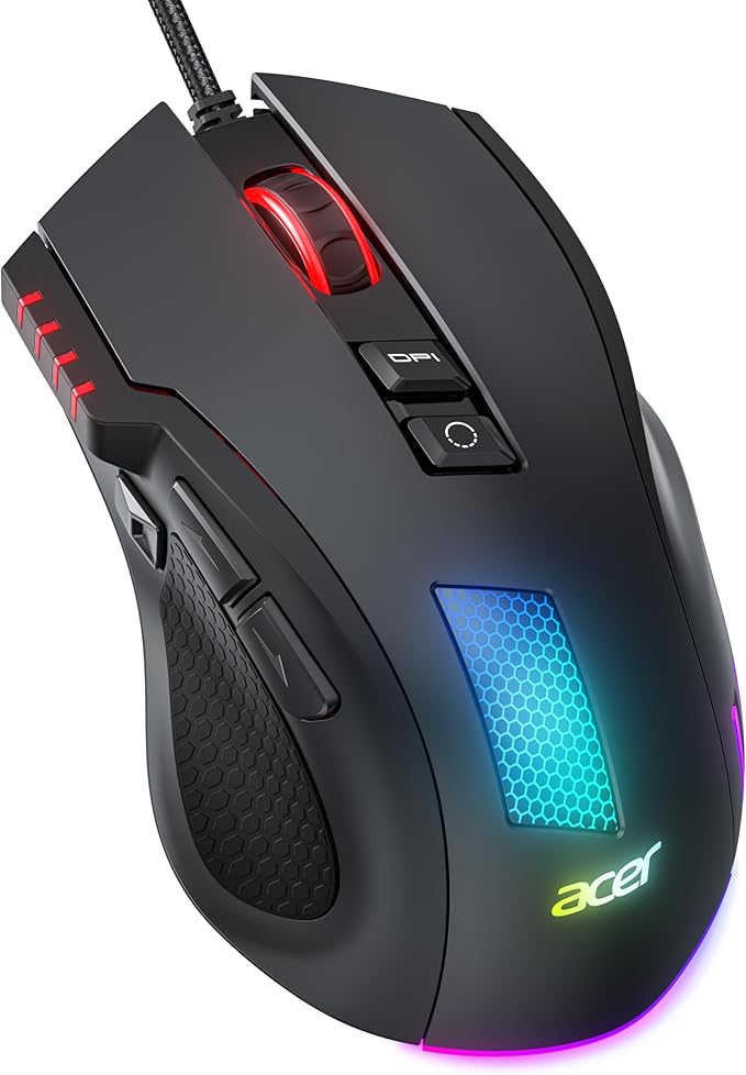 Acer Ratón Gaming para Juegos con Cable, RGB Mouse Gaming Ergonómico 12800 dpi con 8 Botones, Botón de Disparo Rápido y Conductor Personalizable, Ideal para Juegos en PC y portátiles