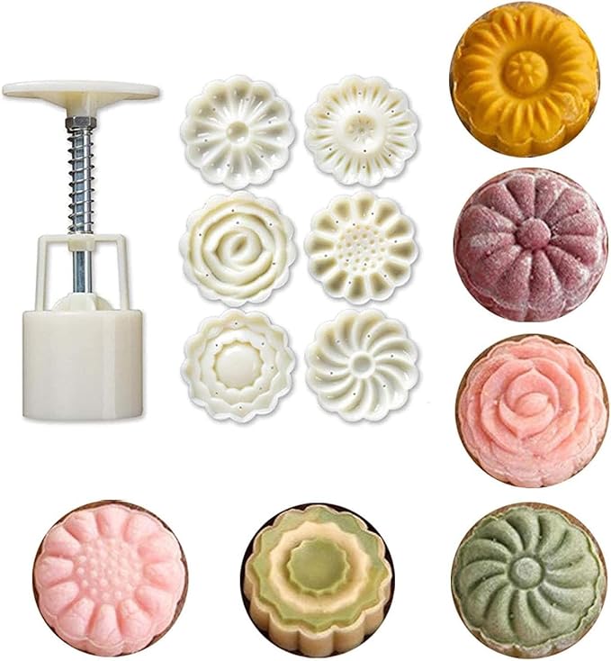 YANGWEN Set para Hacer Mooncakes - 6 Moldes 3D de Flores + Base 50g Tartas Lunares, Galletas Tradicionales y Postres del Festival de Medio Otoño