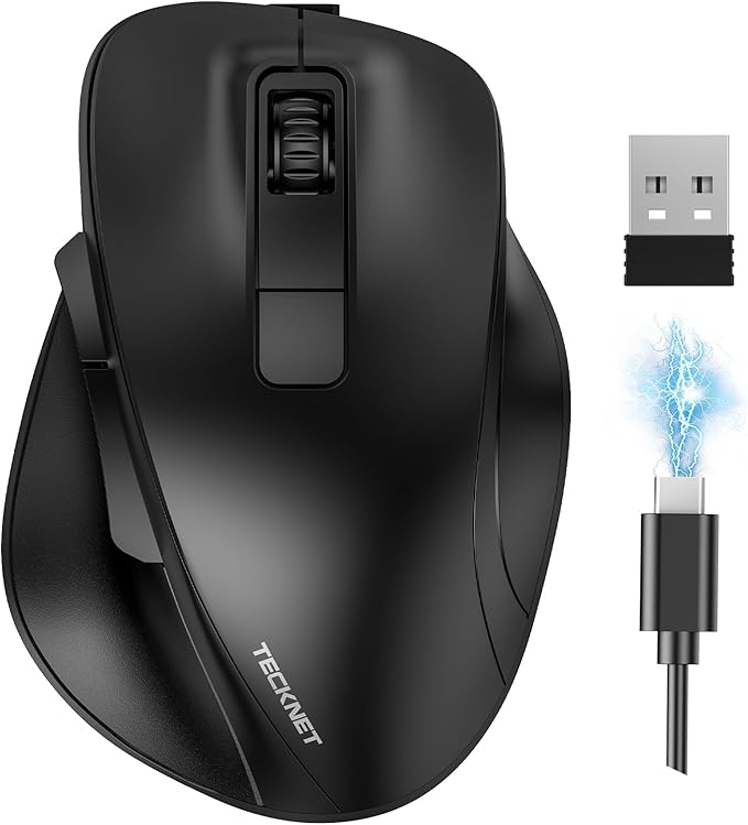 TECKNET Ratón Ergonómico Inalámbrico, Ratón Bluetooth Recargable con 3 Dispositivos (BT 5.0/3.0+2.4G), 4800DPI Mouse Silencioso con Reposapulgar para Portátil, Mac y PC, Negro