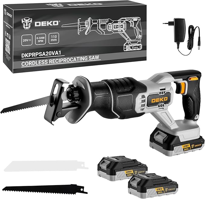 20V Sierra Sable Inalámbrica, DEKOPRO Sierra Sable Batería con 2 baterías de 2,0 Ah y 2 hojas de sierra, 0-3200 SPM, luz LED, Cambio de Hoja sin Herramientas, Para Cortar Madera y metal