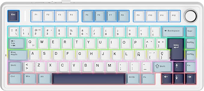 EPOMAKER Aula F75 ISO-ES Teclado Mecánico Español con Perilla, Teclado Inalámbrico Gaming, BT/2.4G/USB, Gasket Cremoso, Retroiluminación RGB, Hot-Swap, 75%, PBT Keycap (Azul Blanco)