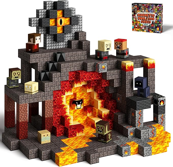 KIDCHEER 100 Piezas de Bloques Magnéticos - Set de Bloques Construcción Fantasía Oscura, Aventura Volcánica Regalo para Niños, Juguetes Educativos Creativa para Niños y Niñas a Partir de 3 Años