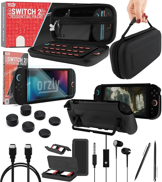 Orzly Switch 2 Zubehör Bundle - Tragetasche und Displayschutz für Nintendo Switch 2 (2025) Konsole, Etui, Displayschutz, Griff-Etui, USB-C Kabel, Spielehalter, Kopfhörer, Daumengriffe und mehr