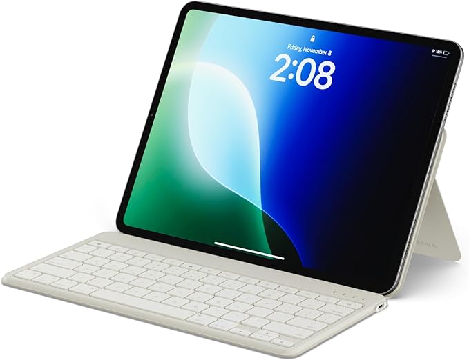 SATECHI OntheGo™ Teclado Inalámbrico Bluetooth con Soporte Ajustable para iPad, Tablet y Portátil, 𝗤𝗪𝗘𝗥𝗧𝗬 𝗨𝗦, hasta 3 Dispositivos, Carga USB-C, Ergonómico y Compacto – Beige