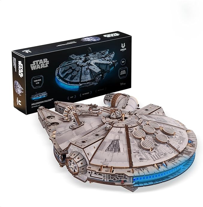 UGEARS Star Wars Millennium Falcon Puzzle 3D – Regalos Star Wars para Hombres – Maqueta de Madera para Adultos – Puzzle de Madera 3D con Luces LED – El Regalo para el Dia del Padre