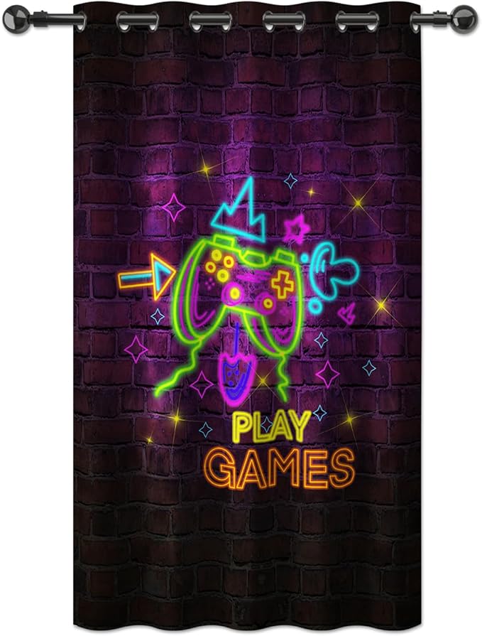 YONGFOTO Cortina Gamer Dormitorio Juvenil Neón Retro Mando de Juegos Mando Fluorescente Cortinas Opaca con Ojales Gaming Decor Adolescente Chico 1 Panel 140 x 229 cm