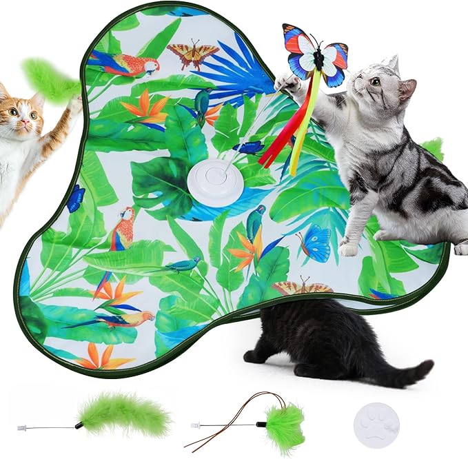 Ninonly 4 en 1 con Juguete Gato Interactivo, Juguete Gato Automatico para Gatos con 3 Modos de Juego,3 Sonidos Realistas y Mariposa Revoloteante, Juguete para Gatos Sensor de Movimiento