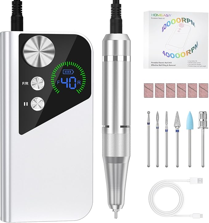 HOMEASY Torno para Uñas Profesional con Motor Silencioso y Antideslizante Limadora Eléctrica para Manicura y Pedicura Incluye Puntas de Cerámica Duraderas Batería Recargable Pantalla LCD Inteligente
