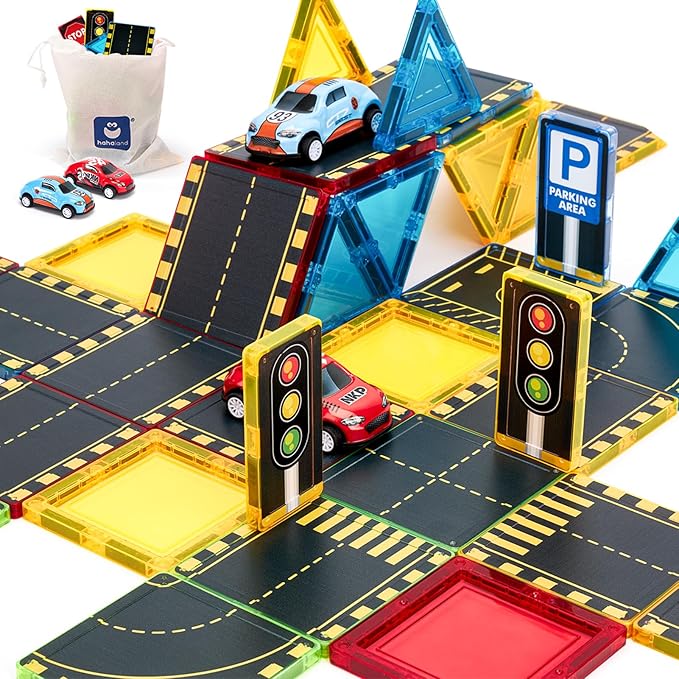 hahaland Construcciones Magneticas Niños - Bloques Magneticos Construccion Niños 38 Piezas, Caminos de Ciudad con 2 Coches Juguetes Niño 3 4 5 6 7 8 años