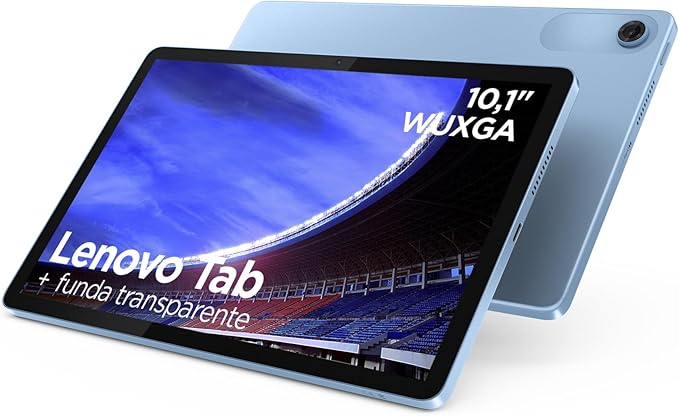 Lenovo Tab – Tablet 10.1" WUXGA (MediaTek Helio G85, 4 GB RAM, 128 GB, 60 Hz, 2 Altavoces, Wi-Fi 5, Bluetooth 5.3, Android 14) Color Azul Polar – Incluye Case Transparente con Soporte Incorporado