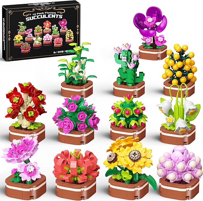 Kit de Construcción Mini Ramo Bonsái 12-en-1, 1001 PCS Flores Artificiales con Rosas, Girasoles y Orquídeas, Regalo para Niños 6+ y Adultos para Navidad, Día de la Madre & San Valentín