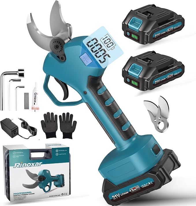 Tijeras de Podar Eléctricas 40mm, Tijeras de Podar Profesionales con 21V/2x2000mAh Baterías, Pantalla LCD, Podadora Electrica Brushless para Jardinería, Árboles Frutales, Viñedos