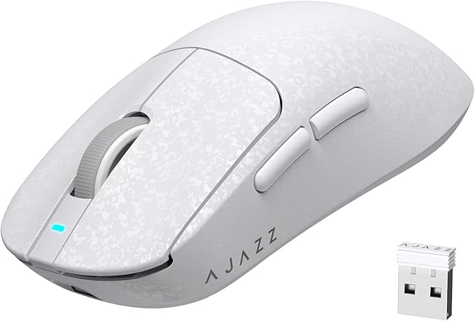 A.JAZZ AJ199 Ratón Gaming de Fibra de Carbono, Wireless 2.4G/BT/USB-C Trimodo, Ultraligero 55g, Sensor óptico PixArt PAW3311 con 24000 dpi y Sondeo de 1000, Mice Gamer Oficina, PC/Mac - Blanco