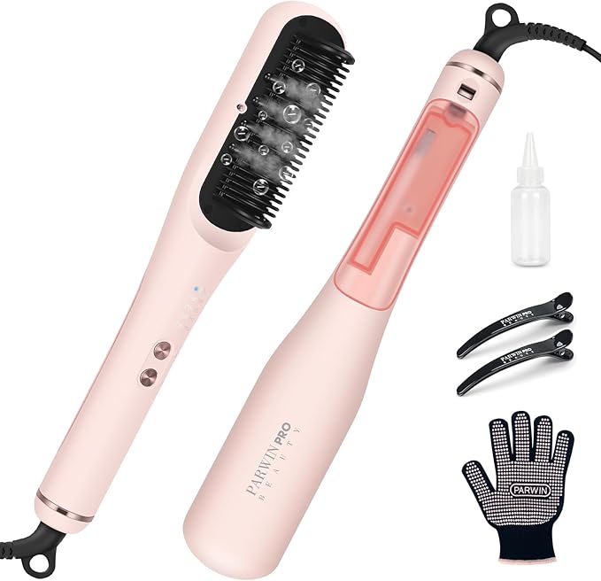 Cepillo Alisador a Vapor Pro, PARWIN PRO BEAUTY 3 en 1, Pantalla LED, Tecnología de Iones y Vapor para Doble Cuidado, Reduce Daños, 4 Niveles de Temperatura – Rosa