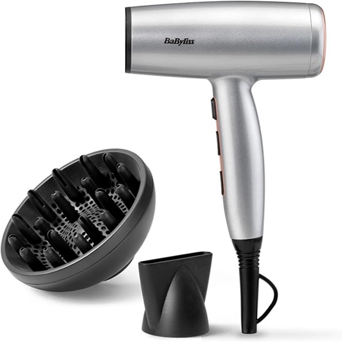 BaByliss Cosmos Secador de Pelo Ligero con Difusor – Secador potente y elegante de 2100W, Acondicionamiento iónico sin frizz, 3 niveles de calor y 2 velocidades, Plateado, D580DE