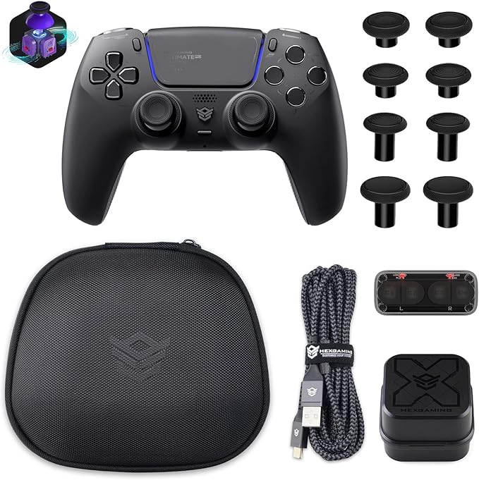 HEXGAMING ULTIMATE PRO Controlador de Juegos Profesional para ps5/PC/Móvil - 4 Botones Traseros/6 Perfiles Personalizables/Gatillos Ajustables/8 Joysticks Intercambiables - Efecto Hall (Negro Caos)