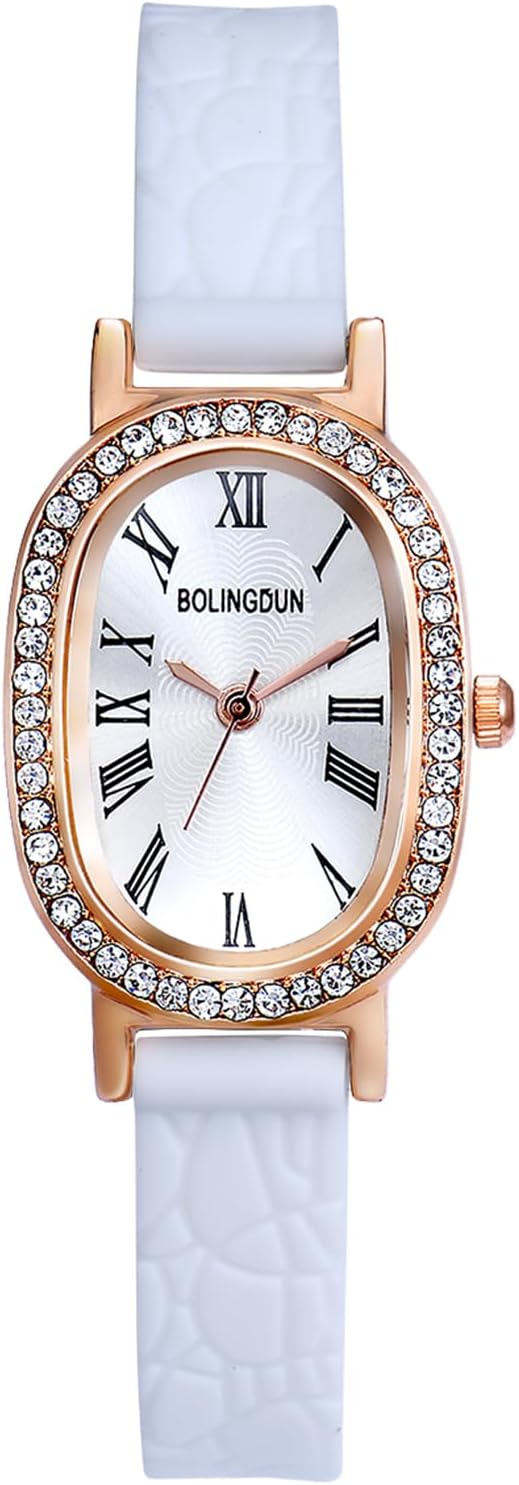 OIDEA Reloj Analógico Cuarzo Mujer: Reloj de Pulsera Ovalado Pequeño Bisel de Diamante de Imitación Escala con Número Romano Correa de Silicona - para Regalo