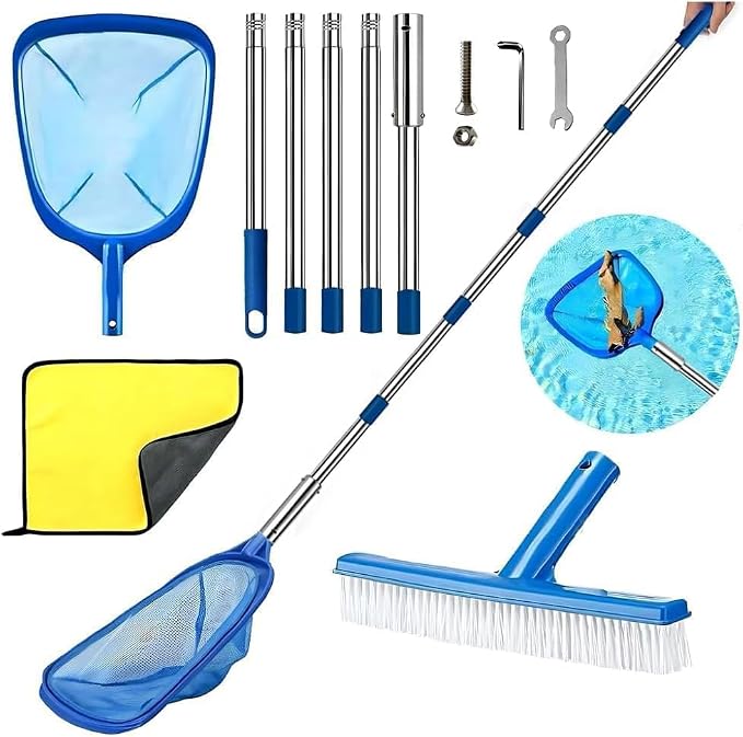 Red Piscina Limpieza con Palo, Red Piscina Malla Fina con Cepillo Piscina, Kit Limpieza Piscina, Recogedor Hojas Piscina, Limpia Piscinas Recoge Hojas, para Piscina, Estanque, Fuente, SPA (220cm)