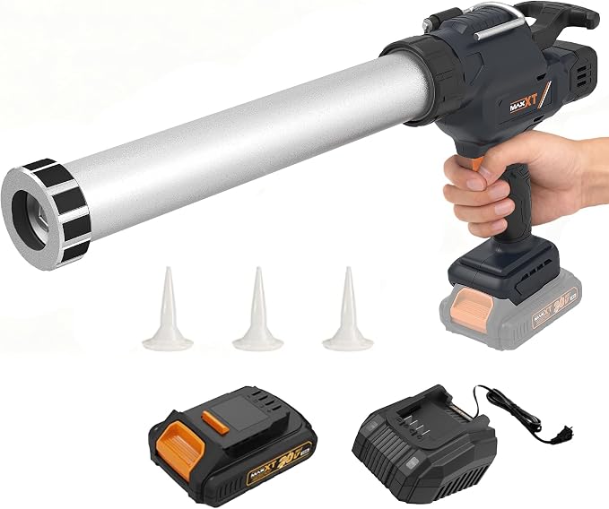 MAXXT Pistola selladora eléctrica para cartuchos de 600 ml, pistola de silicona de 20 V con batería de 2000 mAh para sellar y impermeabilizar