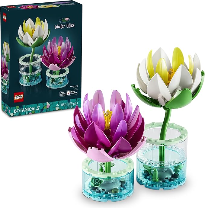 LEGO Botanicals Nenúfares Artificiales – Set de Flores Artificiales con 2 Plantas en Jarrones Transparentes – Kit de Manualidades y Decoración Floral – Regalo para Niñas de 9+ Años y Adultos – 11511