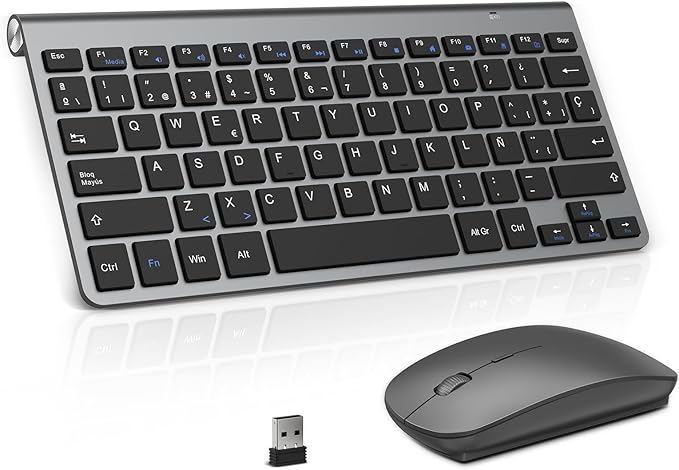 PINKCAT Teclado y ratón inalámbricos, 2.4G Set de Teclado Ultrafino y ratón ergonómico silencioso con 12 accesos directos Multimedia para Ordenador, PC, Tableta, Ordenador de sobremesa (Gris Oscuro)
