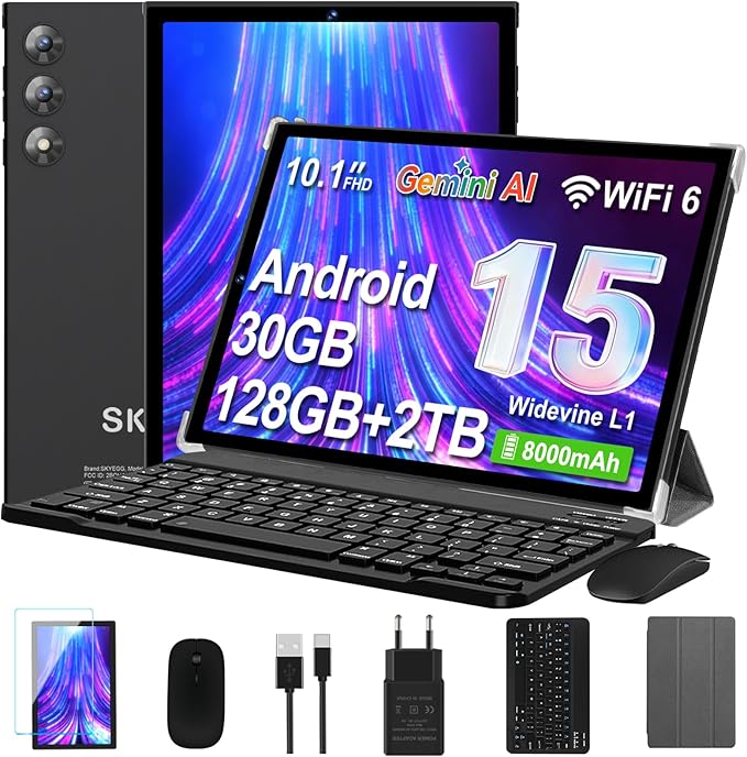 Tablet 10 Pulgadas Android 15 con Gemini AI, 30GB RAM + 128GB ROM Ampliable 2TB, Octa-Core, WiFi 6, Widevine L1, Batería 8000mAh, Cámara 8/5 MP, Teclado, Ratón y Funda, Cuerpo Metálico - Negro Titanio