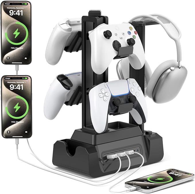 KDD Soporte Auriculares Gaming y Mando, Estación de Carga USB para Múltiples Dispositivos con Soporte Cascos & 4 Puertos & 3 USB A & 1 USB C para Smartphone Móviles Tableta PS4 PS5 Accesorios Gaming