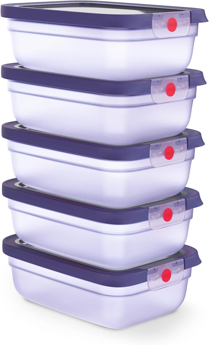 EMSA oneClick, recipiente para almacenar alimentos, un clic, abrir y cerrar sin esfuerzo, 2 veces más frescos, 100% hermético, apilables, set de 5 piezas violeta, 5x 1,20L, N1231200