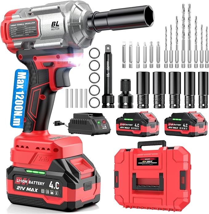 XIAZIR Llave de impacto a bateria 1200 N·m 3-en-1 / Atornillador de Impacto/Taladro de Impacto – Alto Par 1/2" con Motor Brushless, 2× Baterías 4.0Ah, Vasos, Brocas y Puntas
